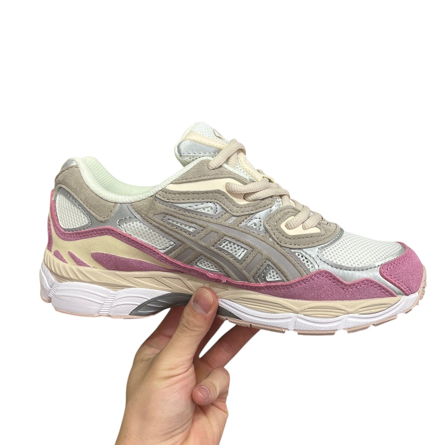 Luxury Chef ASICS GEL-NYC sneakers in beige, grey, white, and pink with suede and mesh details.