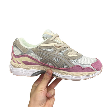 Luxury Chef ASICS GEL-NYC sneakers in beige, grey, white, and pink with suede and mesh details.