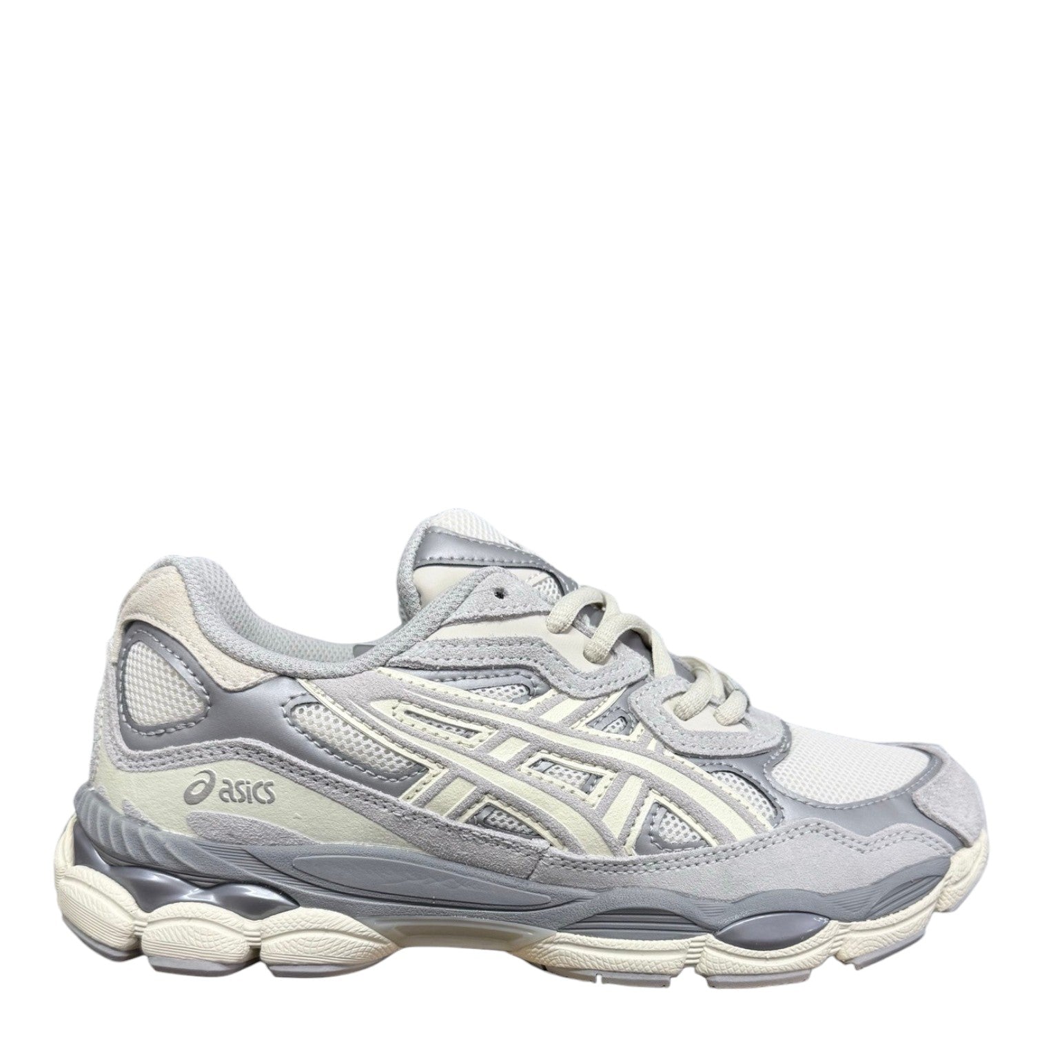 Luxury Chef ASICS GEL-NYC beige suede and mesh sneakers with cream accents and a chunky sole.