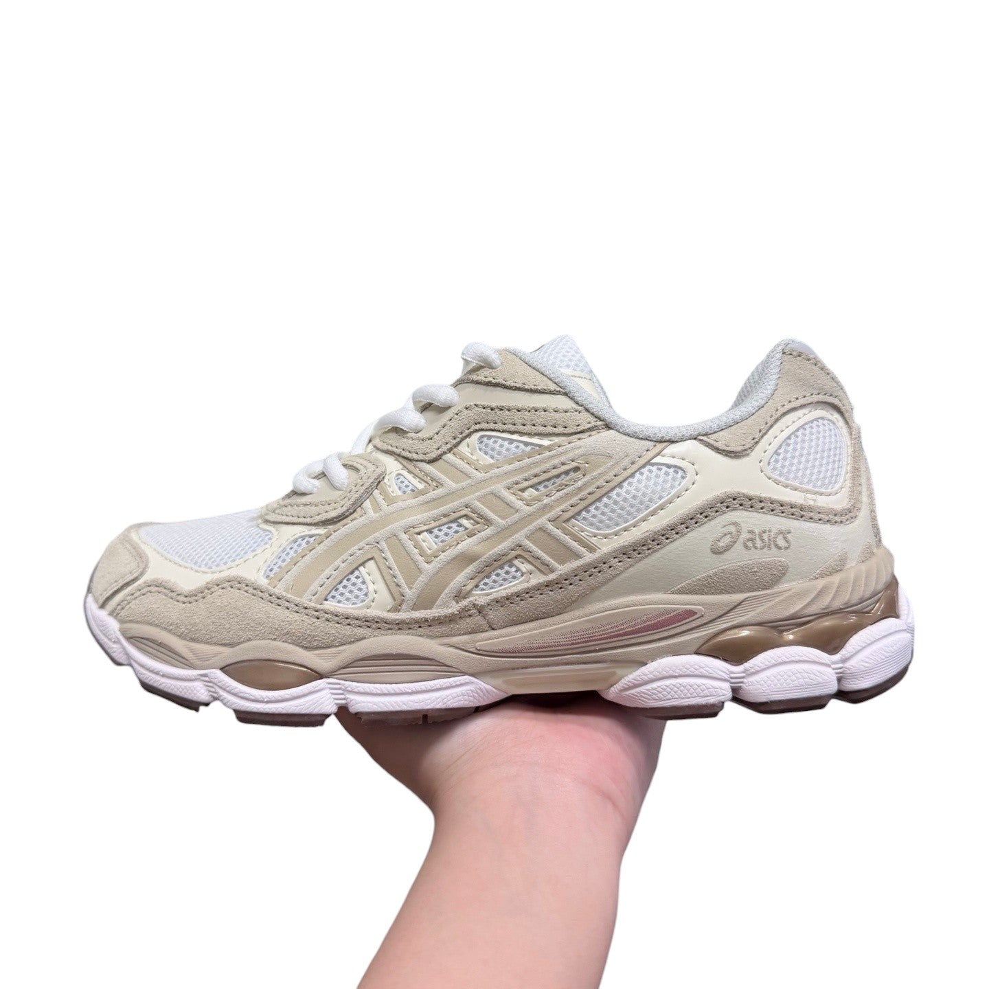 Luxury Chef ASICS GEL-NYC beige suede and mesh athletic sneakers with white laces and GEL cushioning.