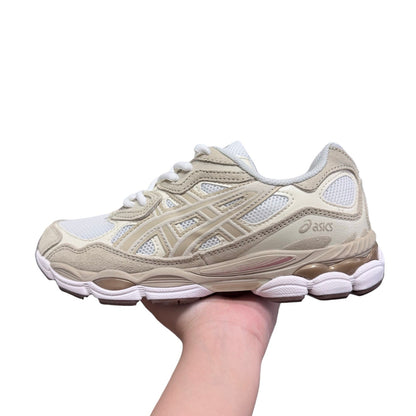 Luxury Chef ASICS GEL-NYC beige suede and mesh athletic sneakers with white laces and GEL cushioning.