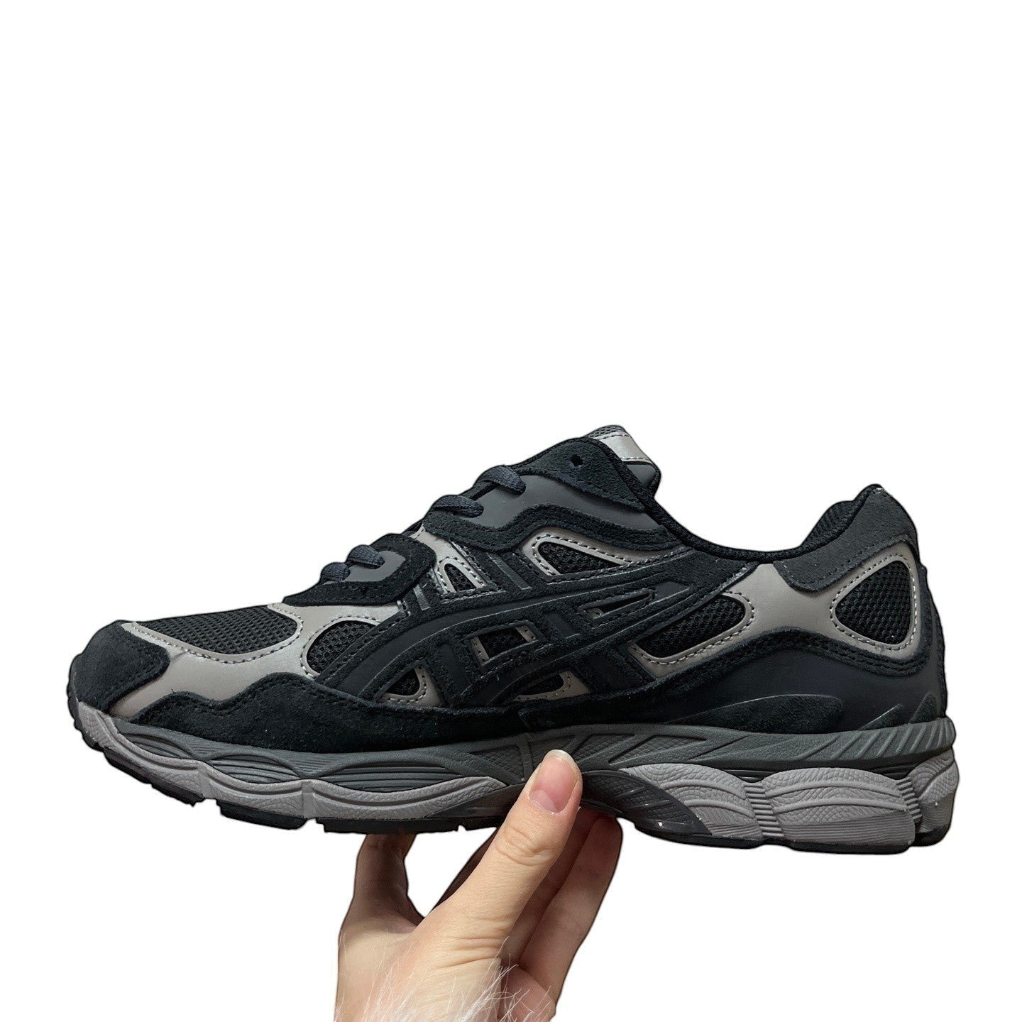 Luxury Chef ASICS GEL-NYC black and grey suede and mesh athletic sneakers.