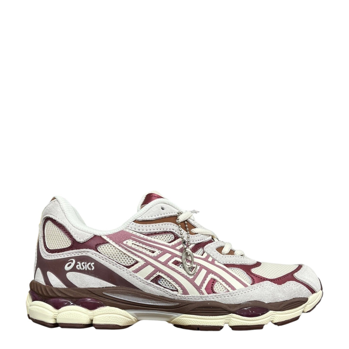 Luxury Chef ASICS GEL-NYC sneakers in cream, burgundy, and brown suede and mesh with a chain detail.