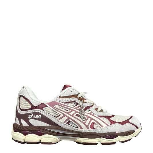 Luxury Chef ASICS GEL-NYC sneakers in cream, burgundy, and brown suede and mesh with a chain detail.