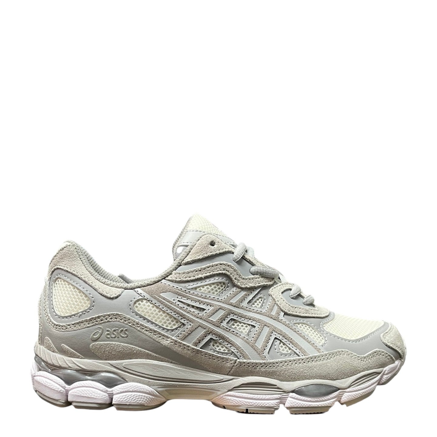 Luxury Chef ASICS GEL-NYC cream and cloud grey suede and mesh sneakers with white soles.