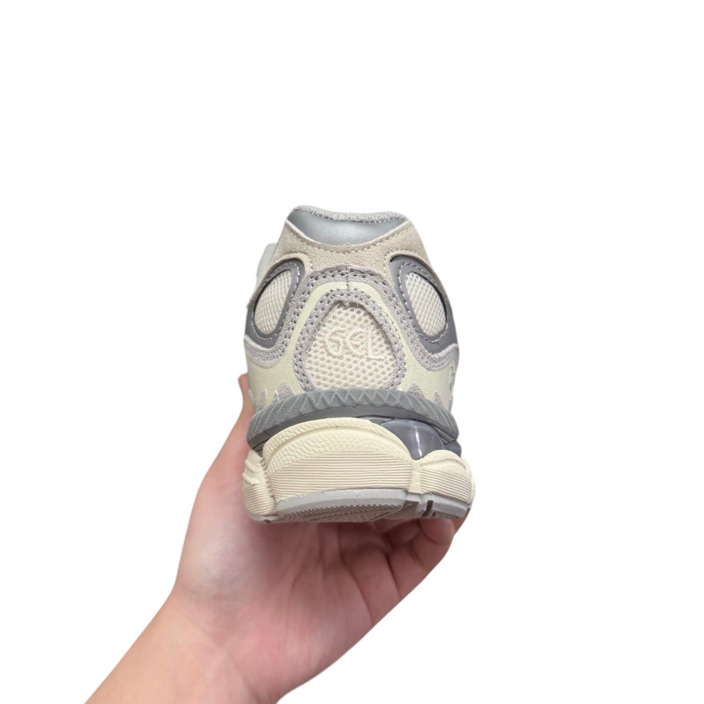 Luxury Chef ASICS GEL-NYC cream and grey mesh sneakers with suede accents and GEL cushioning.