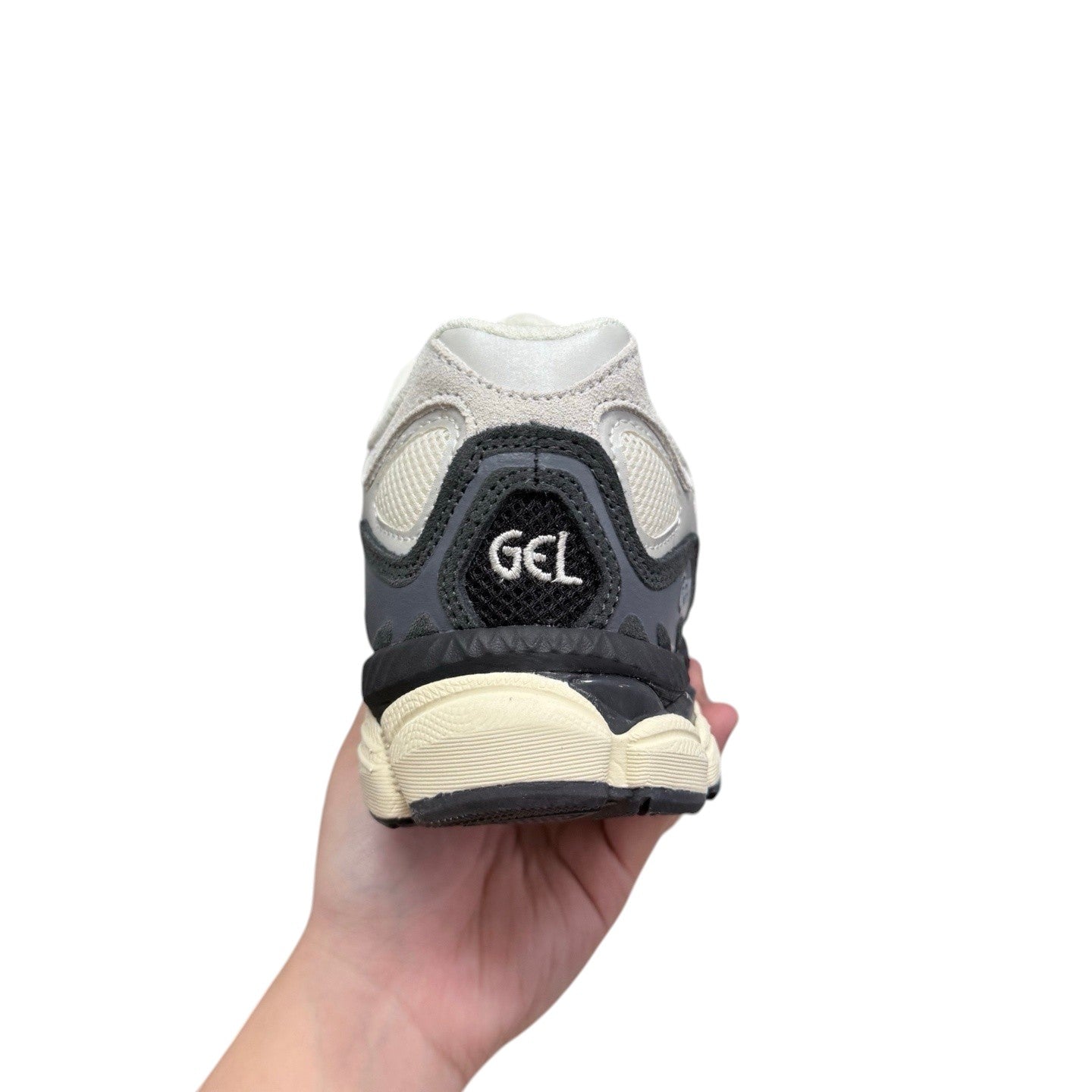 Luxury Chef ASICS GEL-NYC sneakers in cream, grey, and black with GEL branding on the heel.