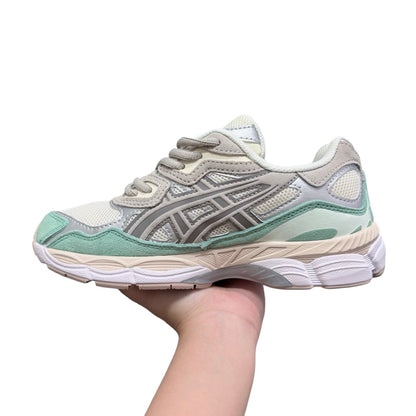 Luxury Chef ASICS GEL-NYC sneakers in cream, grey, and mint green with suede and mesh details.