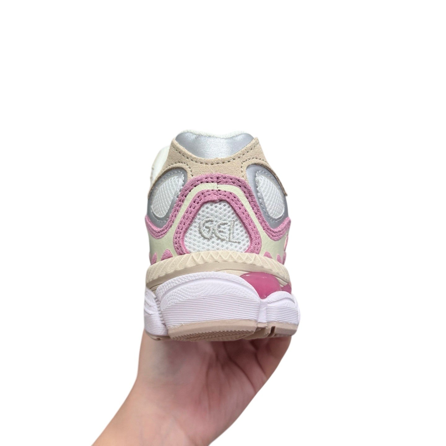 Luxury Chef ASICS GEL-NYC women's sneakers in cream, pink, and silver with mesh detailing.
