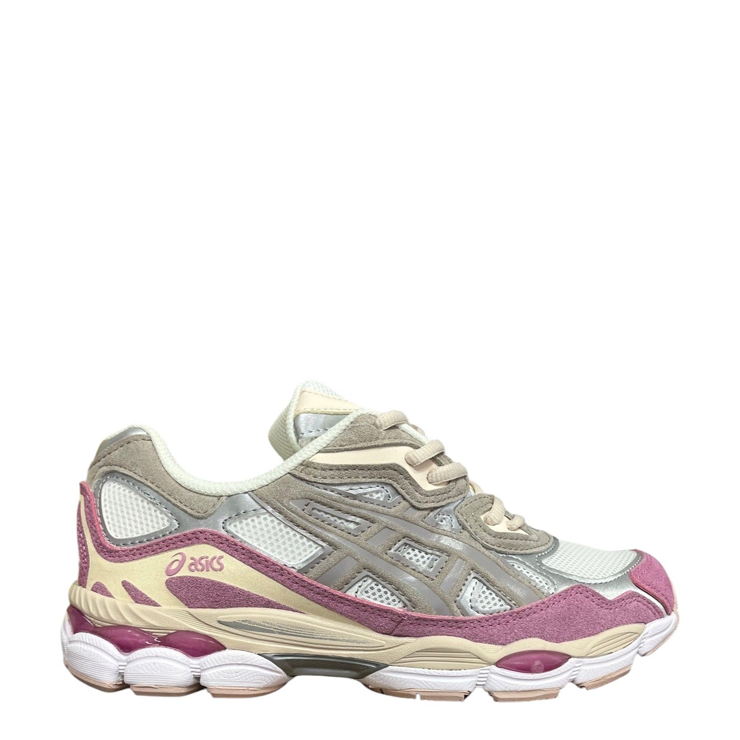 Luxury Chef ASICS GEL-NYC sneakers in cream, mineral beige, and pink with mesh and suede details.
