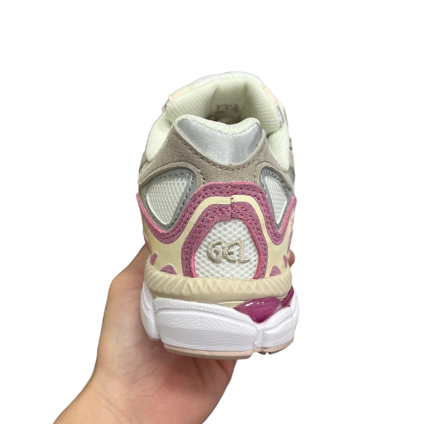Luxury Chef ASICS GEL-NYC women's sneakers in cream, beige, and pink with GEL cushioning.