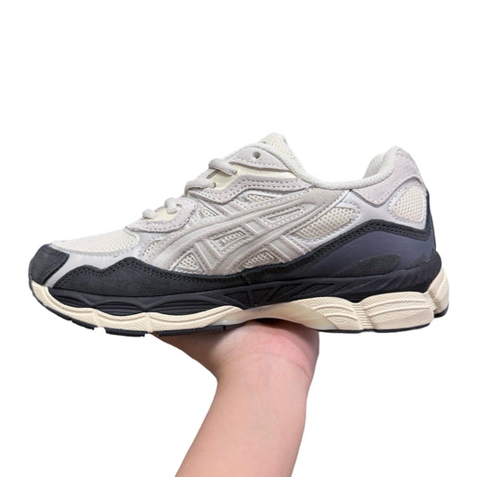 Luxury Chef ASICS GEL-NYC cream and grey suede and mesh sneakers with black accents.