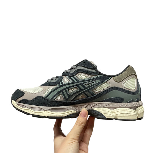 Luxury Chef ASICS GEL-NYC sneakers in grey, beige, and dark green with mesh and suede panels.
