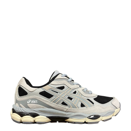 Luxury Chef ASICS GEL-NYC grey and black suede and mesh sneakers with light blue accents and a cream sole.