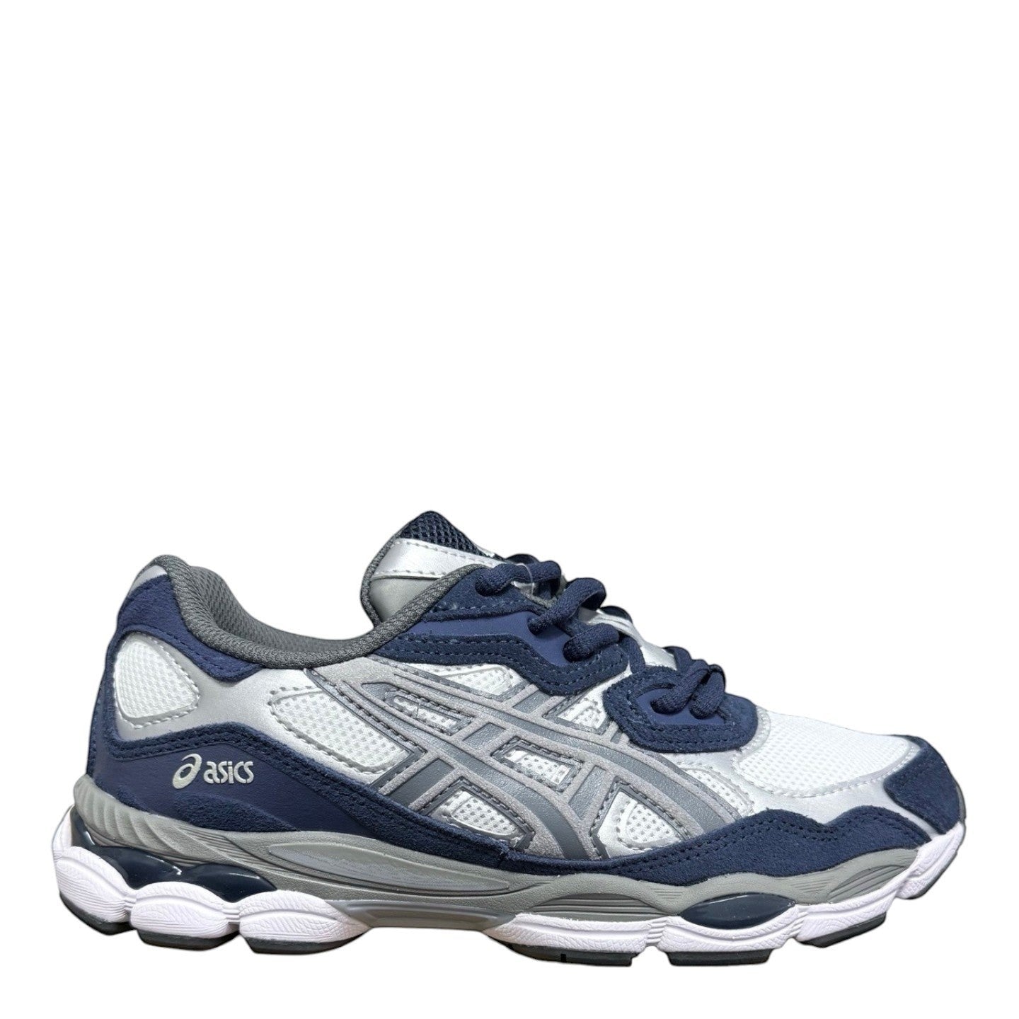 Luxury Chef ASICS GEL-NYC men's sneakers in grey and blue with white mesh and grey accents.