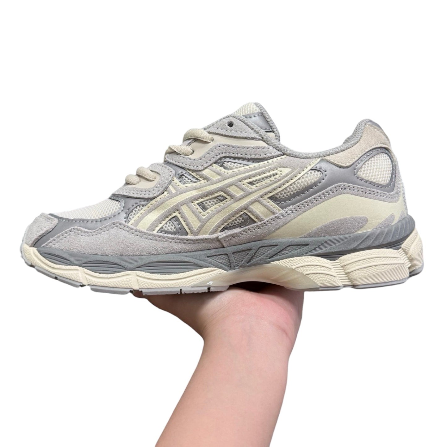 Luxury Chef ASICS GEL-NYC sneakers in light grey and cream suede and mesh with GEL cushioning.