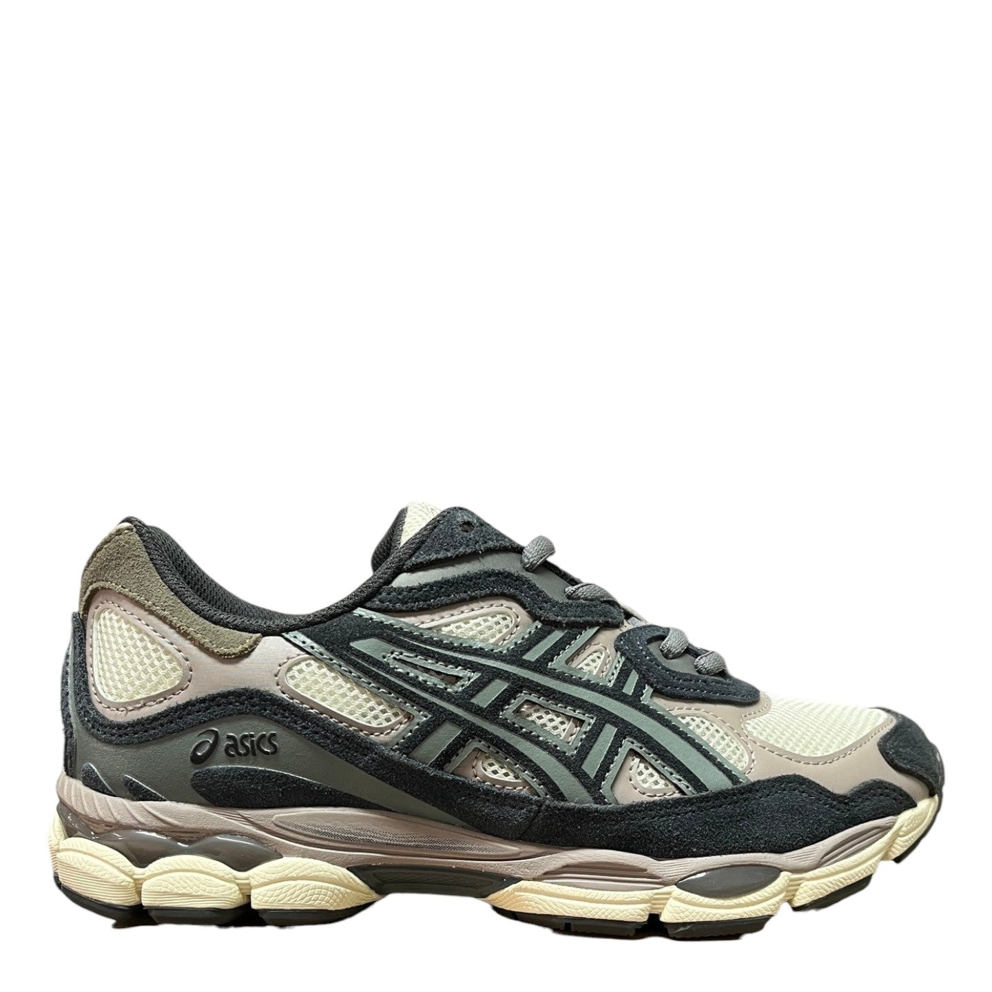 Luxury Chef ASICS GEL-NYC sneakers in grey and khaki with mesh and suede details.