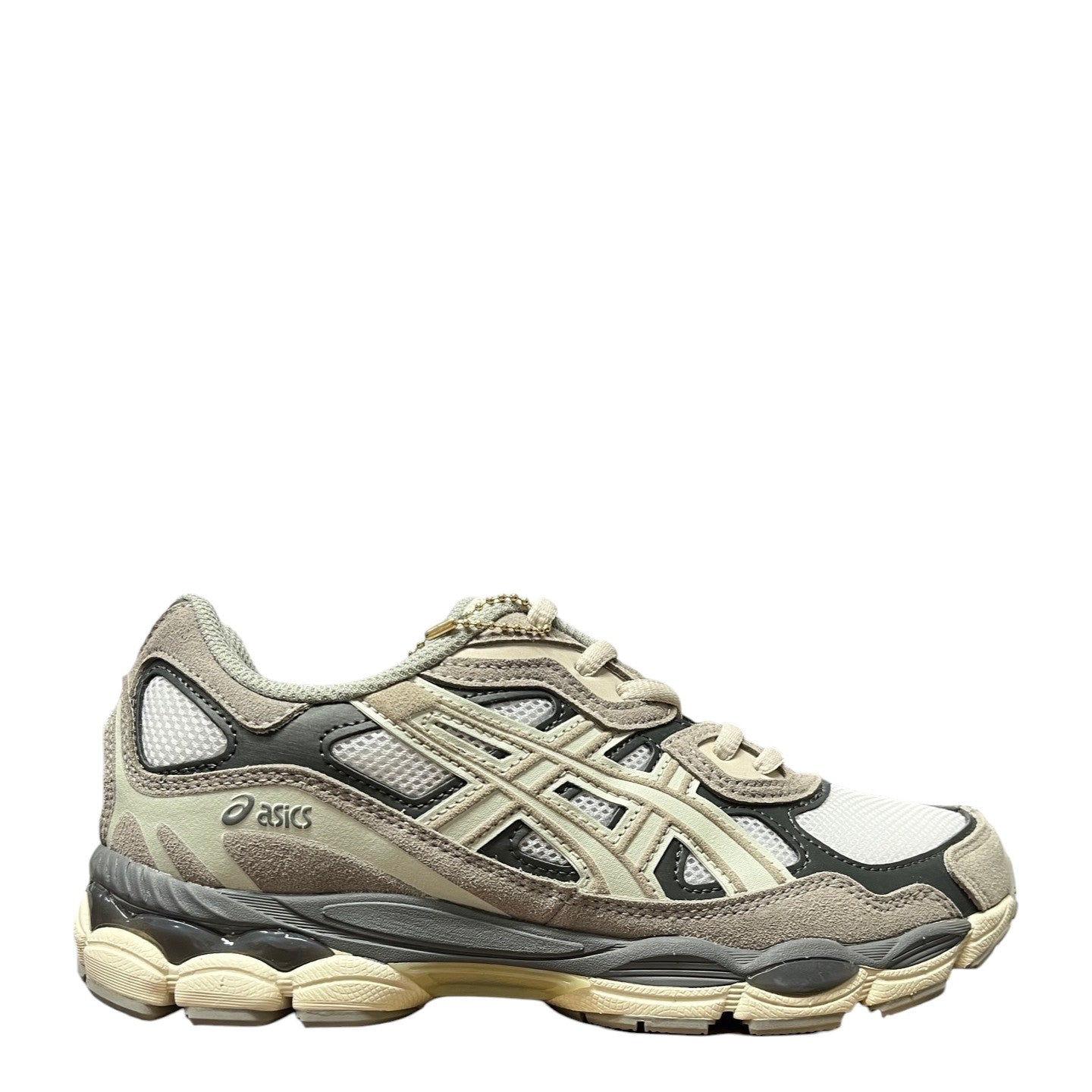 Luxury Chef ASICS GEL-NYC grey suede and mesh sneakers with cream accents and GEL cushioning.