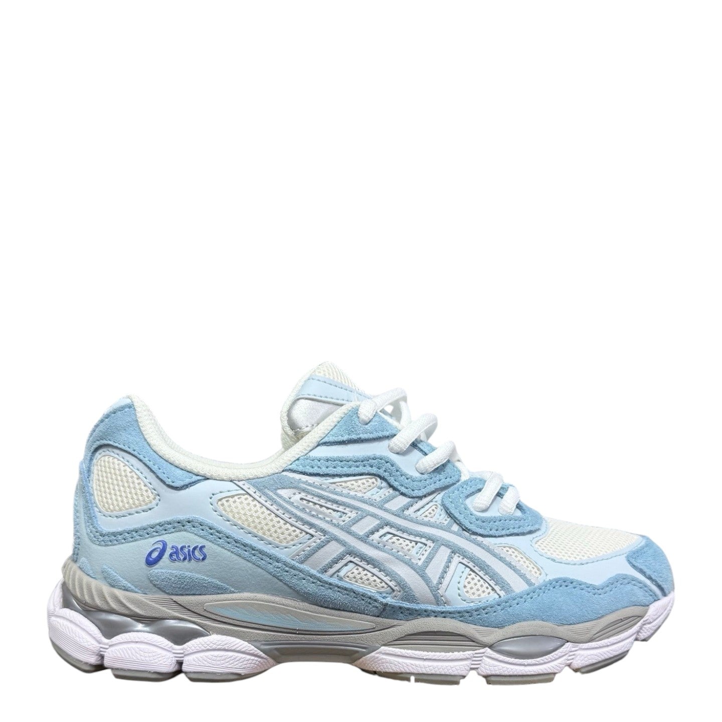 Luxury Chef ASICS GEL-NYC ice blue suede and mesh athletic sneakers with white laces and sole.