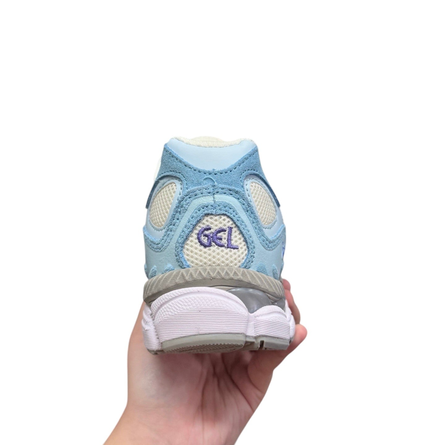 Luxury Chef ASICS GEL-NYC light blue suede and mesh athletic sneakers with GEL logo.