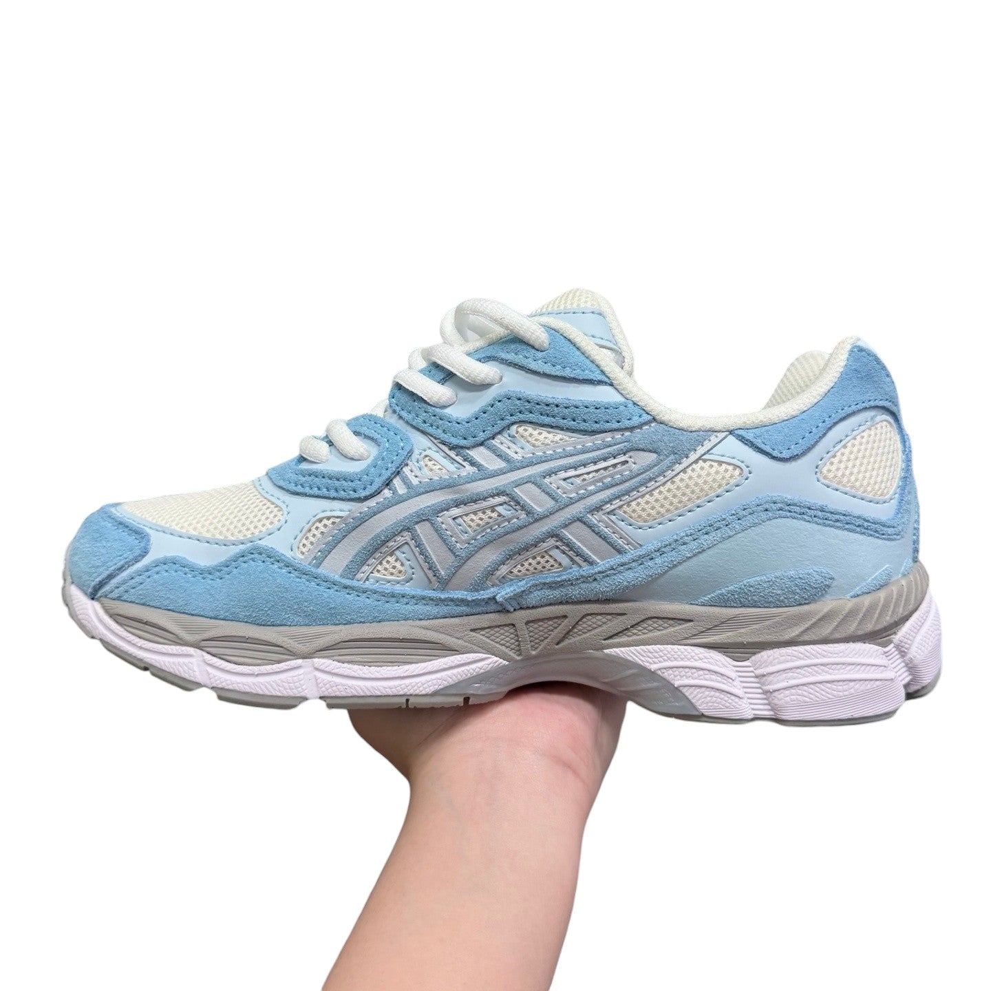 Luxury Chef ASICS GEL-NYC light blue and white suede and mesh sneakers with grey sole.