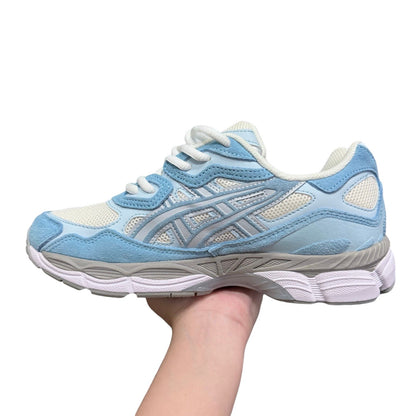 Luxury Chef ASICS GEL-NYC light blue and white suede and mesh sneakers with grey sole.