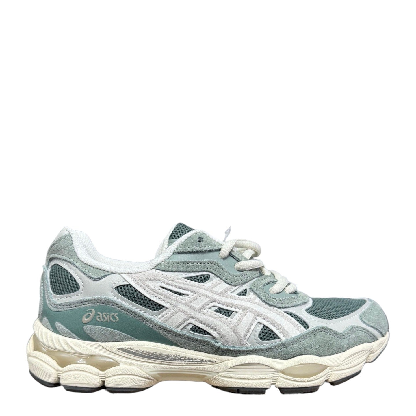 Luxury Chef ASICS GEL-NYC men's light green and beige suede and mesh sneakers with white laces and cream sole.