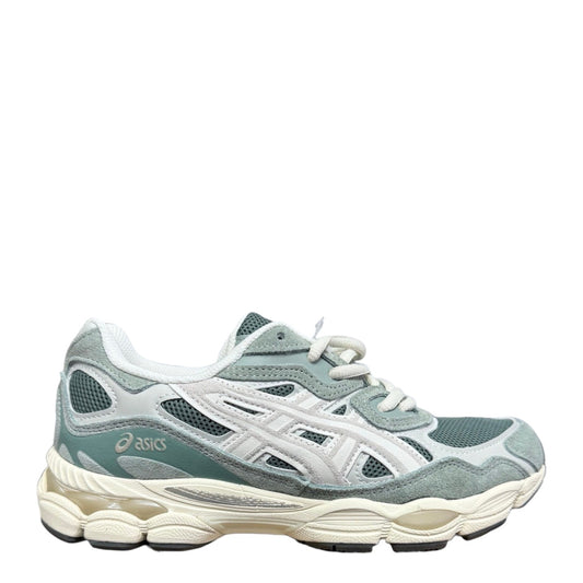 Luxury Chef ASICS GEL-NYC men's light green and beige suede and mesh sneakers with white laces and cream sole.