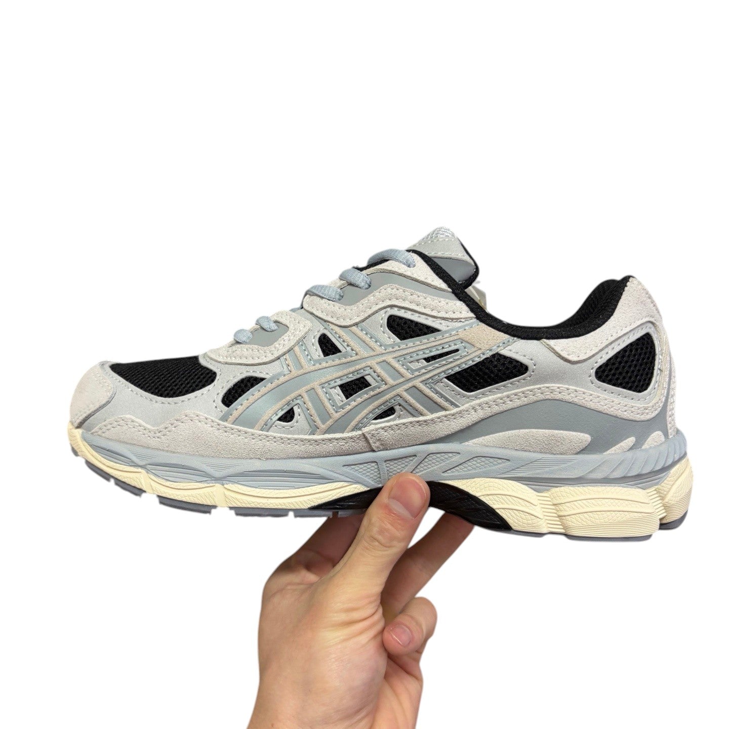 Luxury Chef ASICS GEL-NYC light grey and black suede and mesh sneakers with light blue accents.