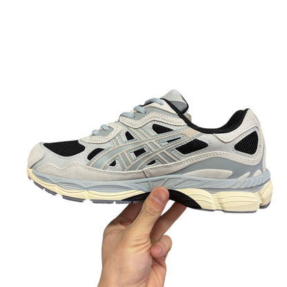 Luxury Chef ASICS GEL-NYC light grey and black suede and mesh sneakers with light blue accents.