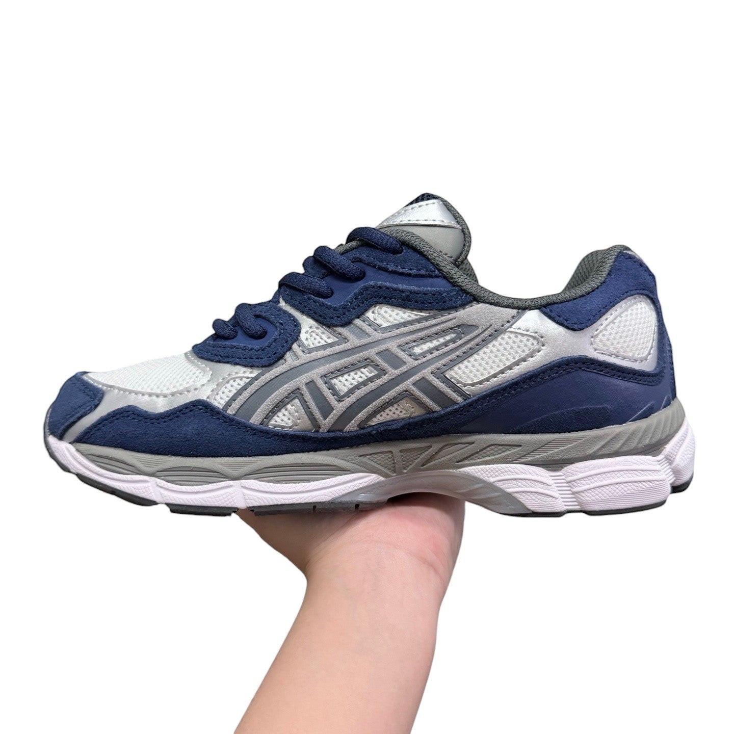 Luxury Chef ASICS GEL-NYC navy blue and grey suede and mesh athletic sneakers.