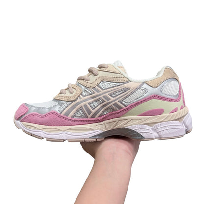 Luxury Chef ASICS GEL-NYC sneakers in pink, beige, and silver with mesh and suede details.