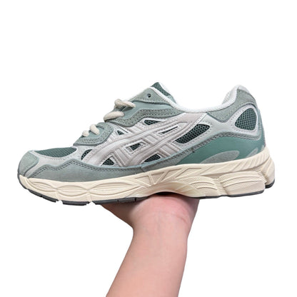 Luxury Chef ASICS GEL-NYC men's sneakers in sage green and cream with white accents and mesh panels.