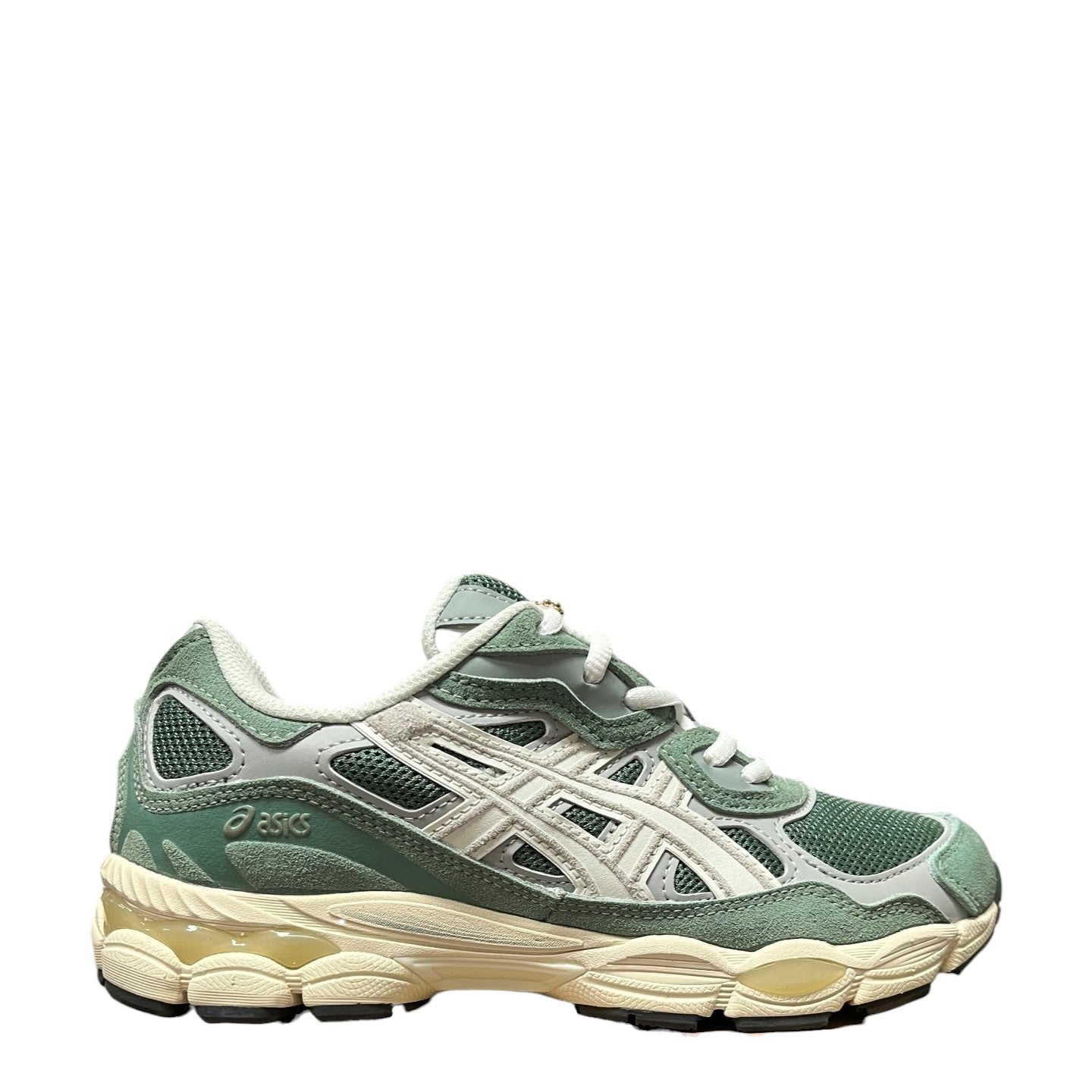 Luxury Chef ASICS GEL-NYC sneakers in sage green and cream with white accents. Suede and mesh upper, GEL cushioning.