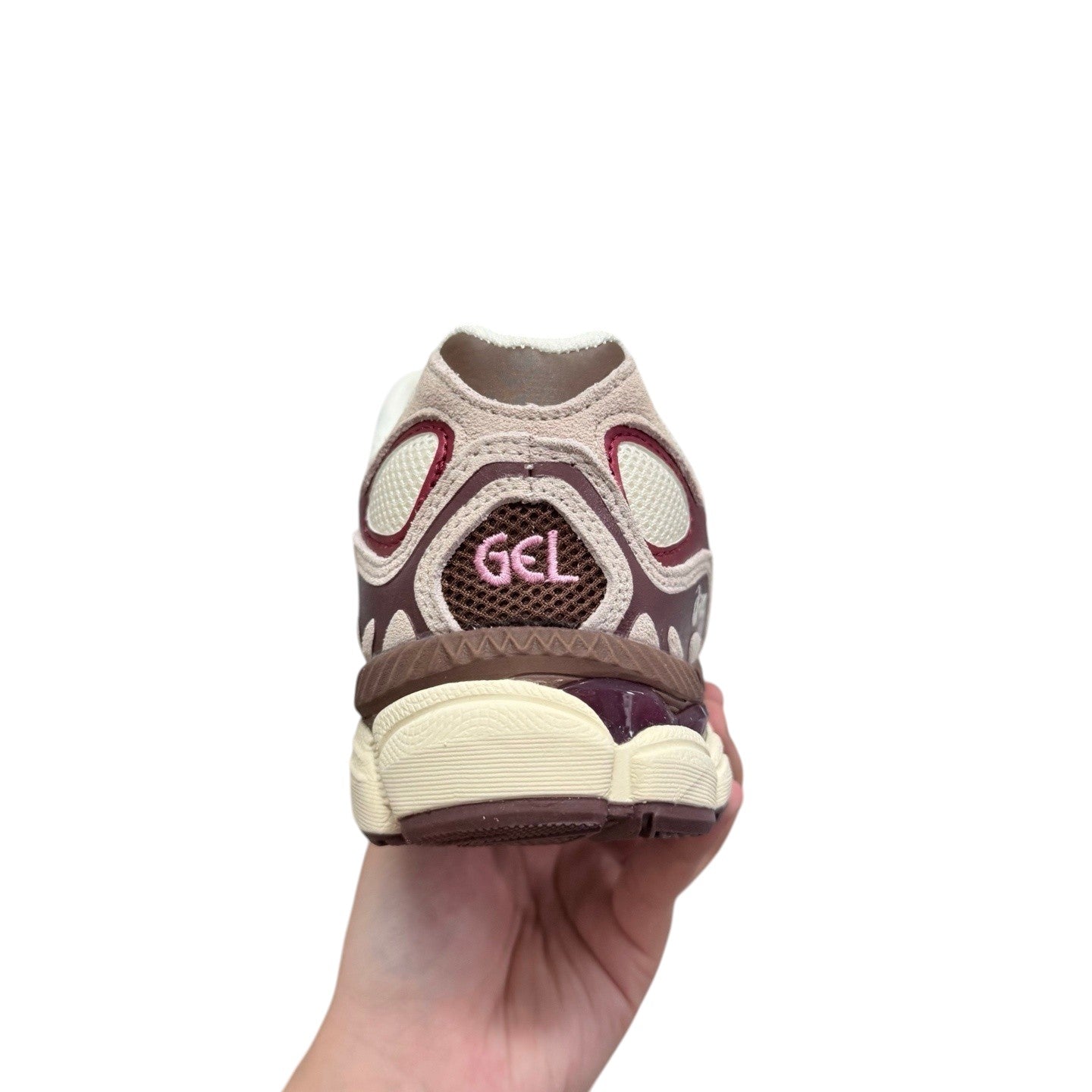 Luxury Chef ASICS GEL-NYC sneakers in beige, brown, and burgundy with GEL logo.