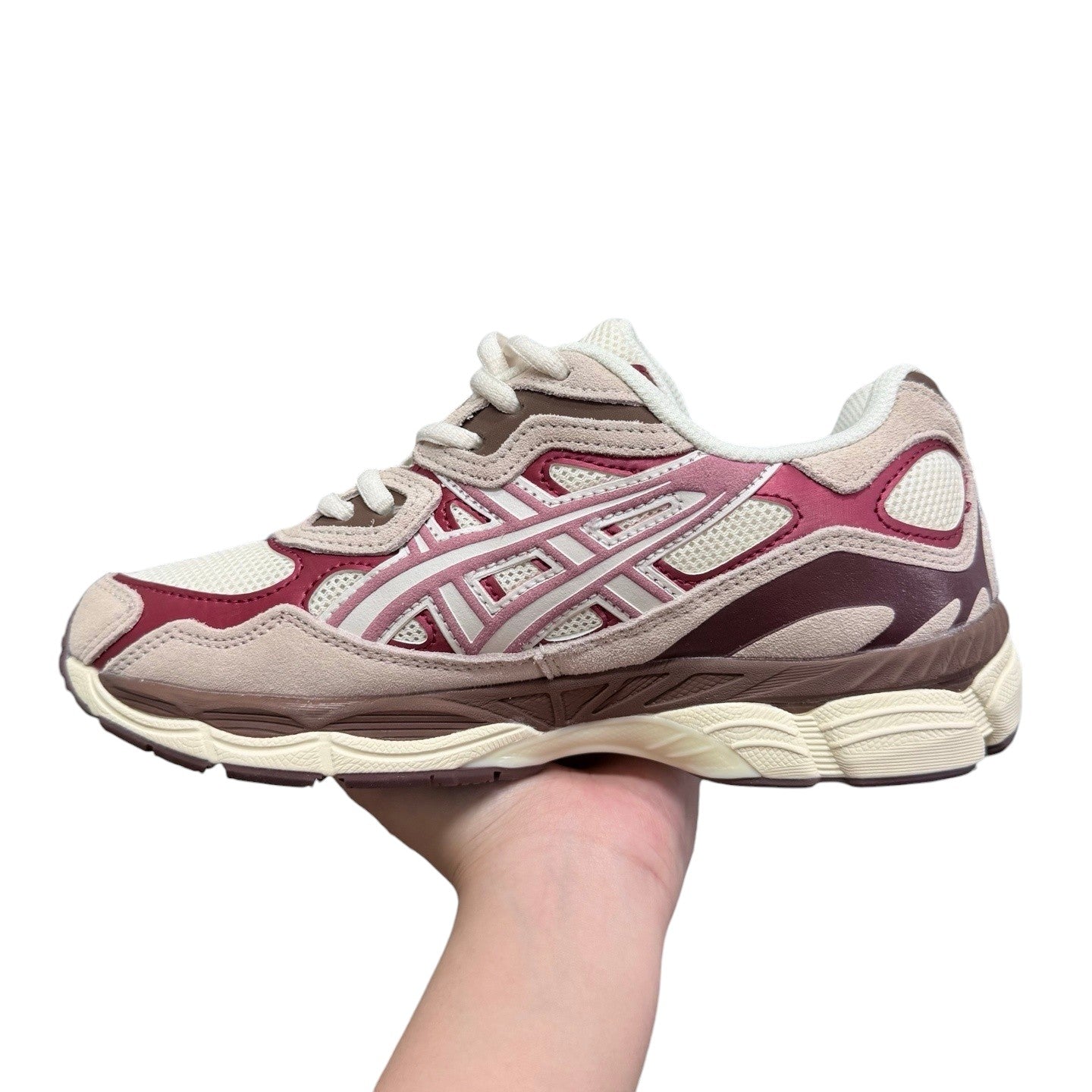 Luxury Chef ASICS GEL-NYC sneakers in cream, pink, and burgundy with suede and mesh details.