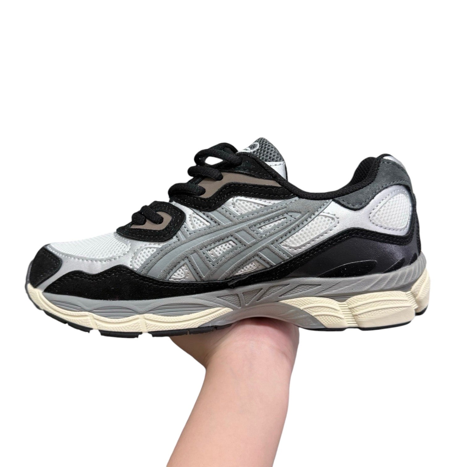 Luxury Chef ASICS GEL-NYC sneakers in white, grey, and black with mesh and suede details.