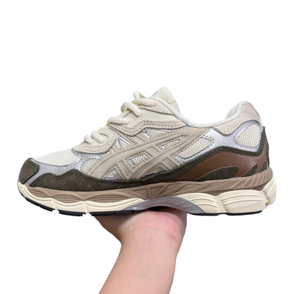 Luxury Chef ASICS NYC GEL sneakers in beige and brown with mesh and suede details.