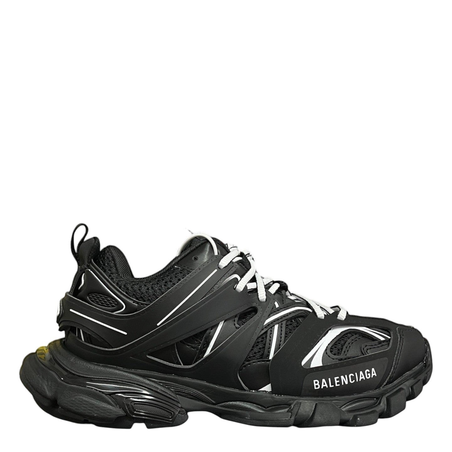 Luxury Chef Balenciaga Track black and white mesh and leather sneakers with chunky sole.