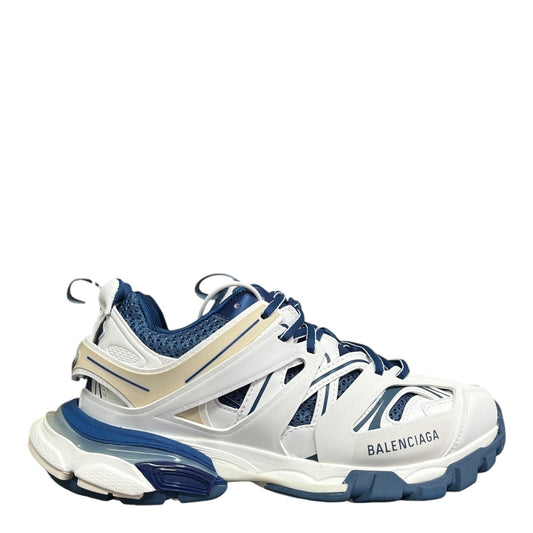 Luxury Chef BALENCIAGA Track sneakers in white, blue, and beige with mesh panels and chunky sole.