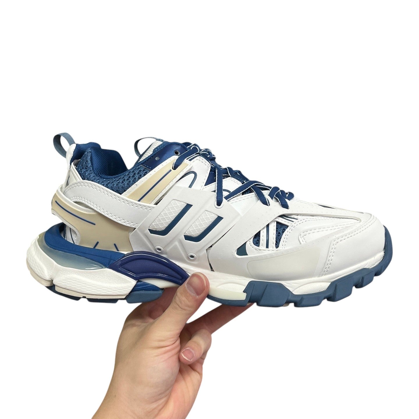 Luxury Chef BALENCIAGA TRACK white and blue mesh and leather sneakers with chunky sole.