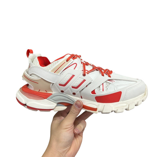 Luxury Chef BALENCIAGA TRACK white and red chunky sneakers with mesh panels and thick sole.