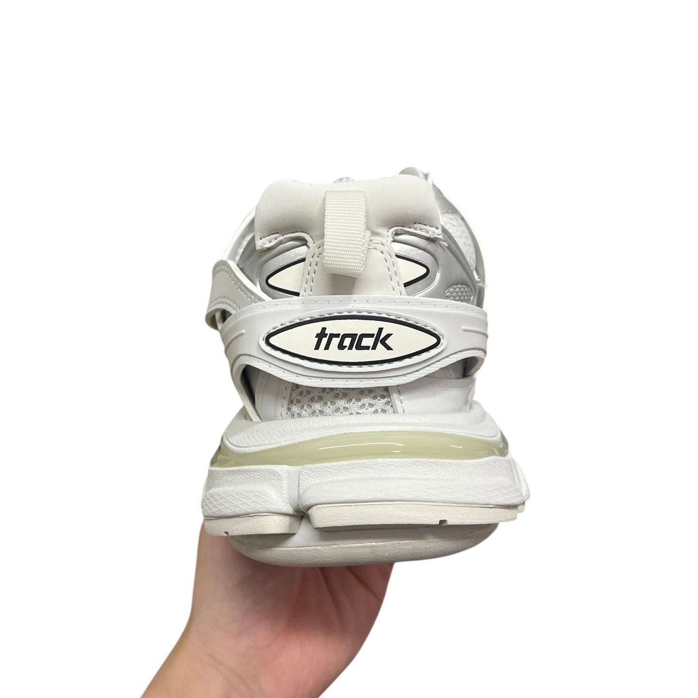 Luxury Chef BALENCIAGA TRACK white mesh and leather sneakers with chunky sole and logo detail.