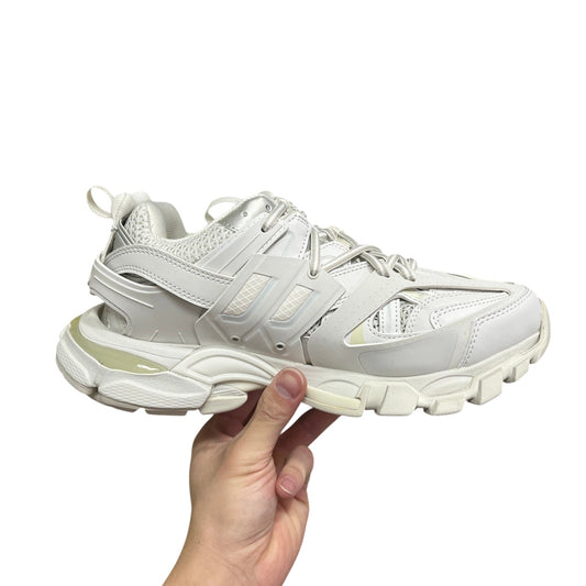 Luxury Chef BALENCIAGA TRACK white leather and mesh chunky sneakers with cut-out heel detail.