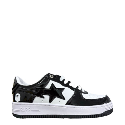 Luxury Chef BAPESTA sneakers in black and white patent leather with a star logo and ape head detail.