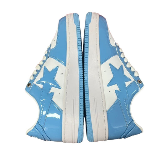 Luxury Chef BAPESTA sneakers in light blue patent leather with white star accents and white laces.