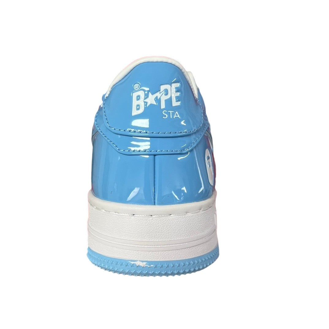 Luxury Chef BAPESTA light blue patent leather sneakers with white accents and logo details.