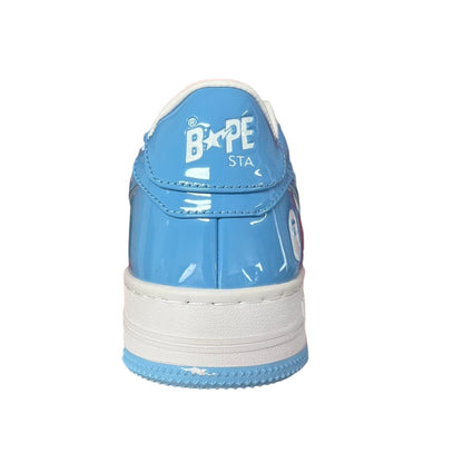 Luxury Chef BAPESTA light blue patent leather sneakers with white accents and logo details.
