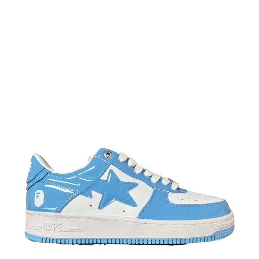 Luxury Chef BAPESTA low-top sneakers in white and sky blue patent leather with a star motif and ape head logo.