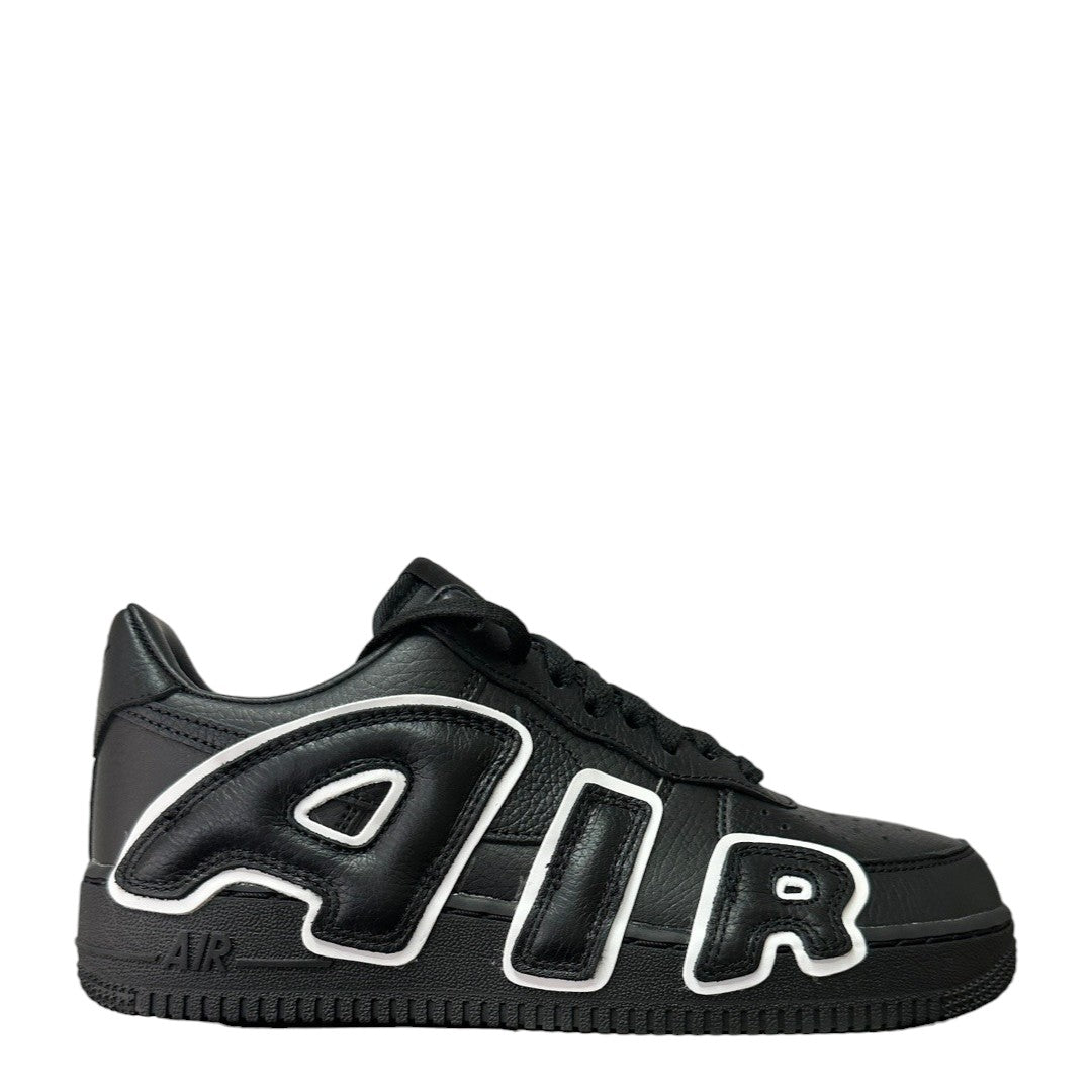 Luxury Chef black leather Nike Air Force 1 CPFM sneakers with white outlined AIR lettering and a black rubber sole.
